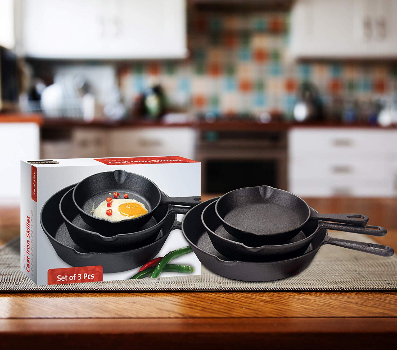  Utopia Kitchen Saute fry pan - Pre-Seasoned Cast Iron Skillet  Set 3-Piece - Frying Pan 6 Inch, 8 Inch and 10 Inch Cast Iron Set (Black):  Home & Kitchen
