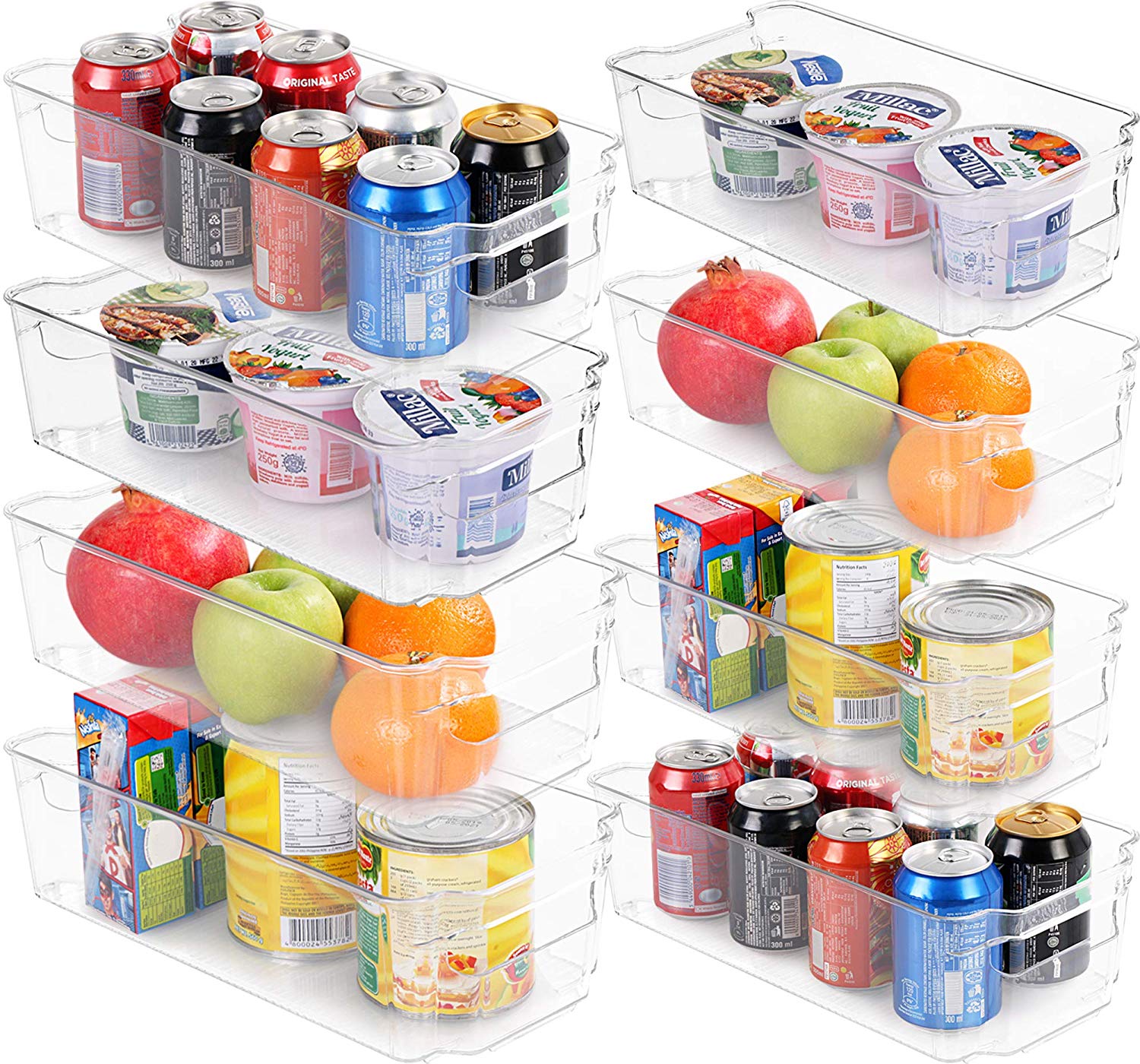 Set Of 8 Refrigerator Organizer Bins - 4 Large and 4 Small Stackable Fridge  Organizers for Freezer, Kitchen, Countertops, Cabinets - Clear Plastic Pantry  Storage Rack 